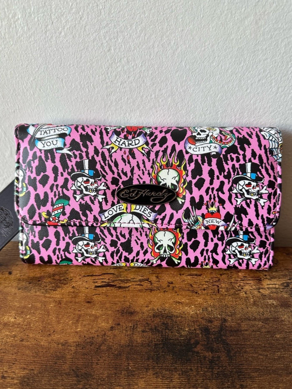 Ed Hardy Pink Tattoo-Inspired Skeleton Women’s Long Wallet Fold Out NWT